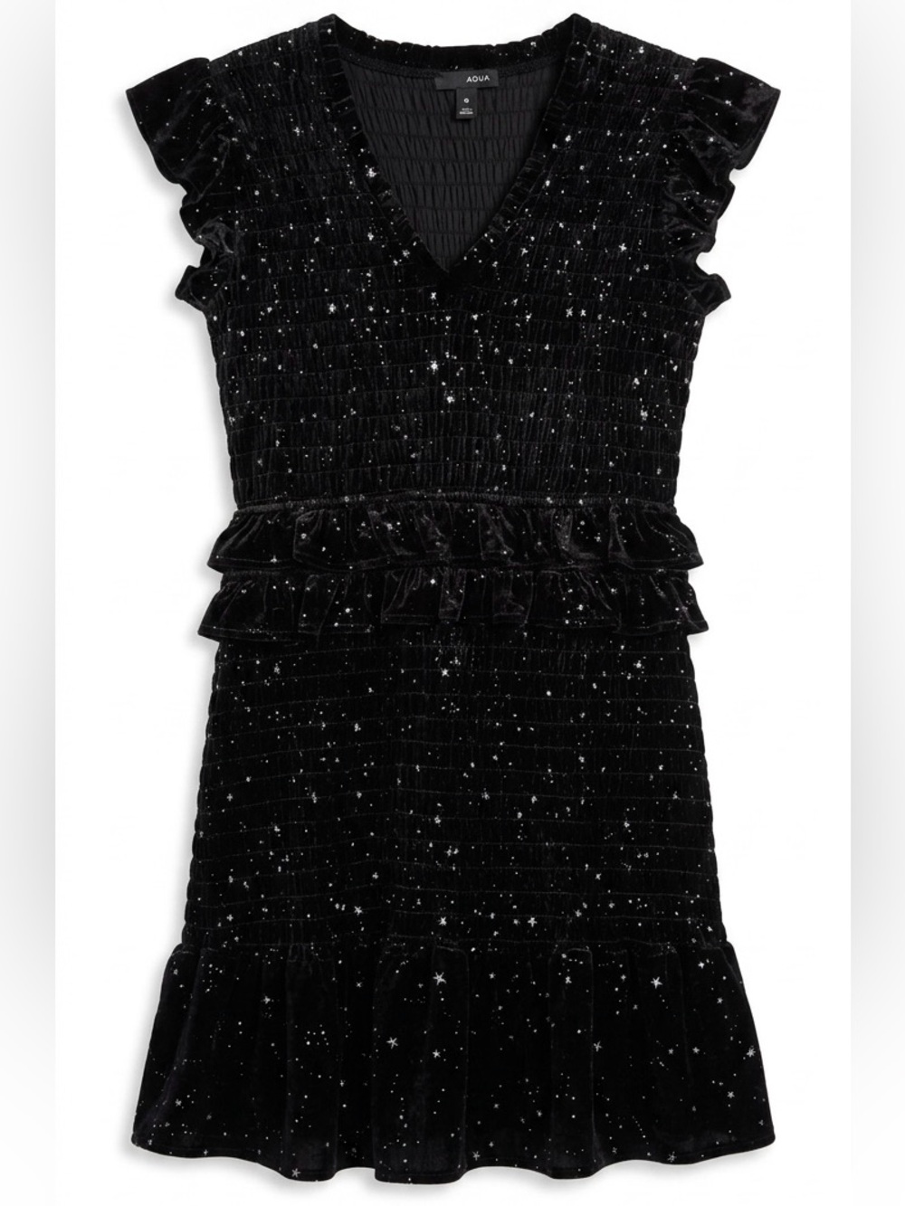 AQUA Black Velvet Silver Star Celestial Smocked Ruffle Mini Dress Medium Y2K